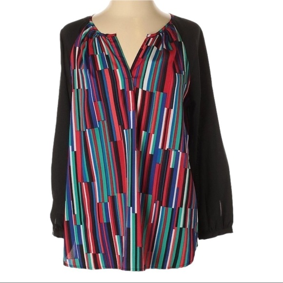 🌺 Calvin Klein Stripe Print V-Neck Long Sleeve Blouse Size S - Picture 1 of 9
